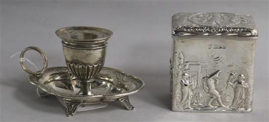 A late Victorian repousse silver chamber stick, London, 1886 and a Victorian repousse silver box with hinged cover,